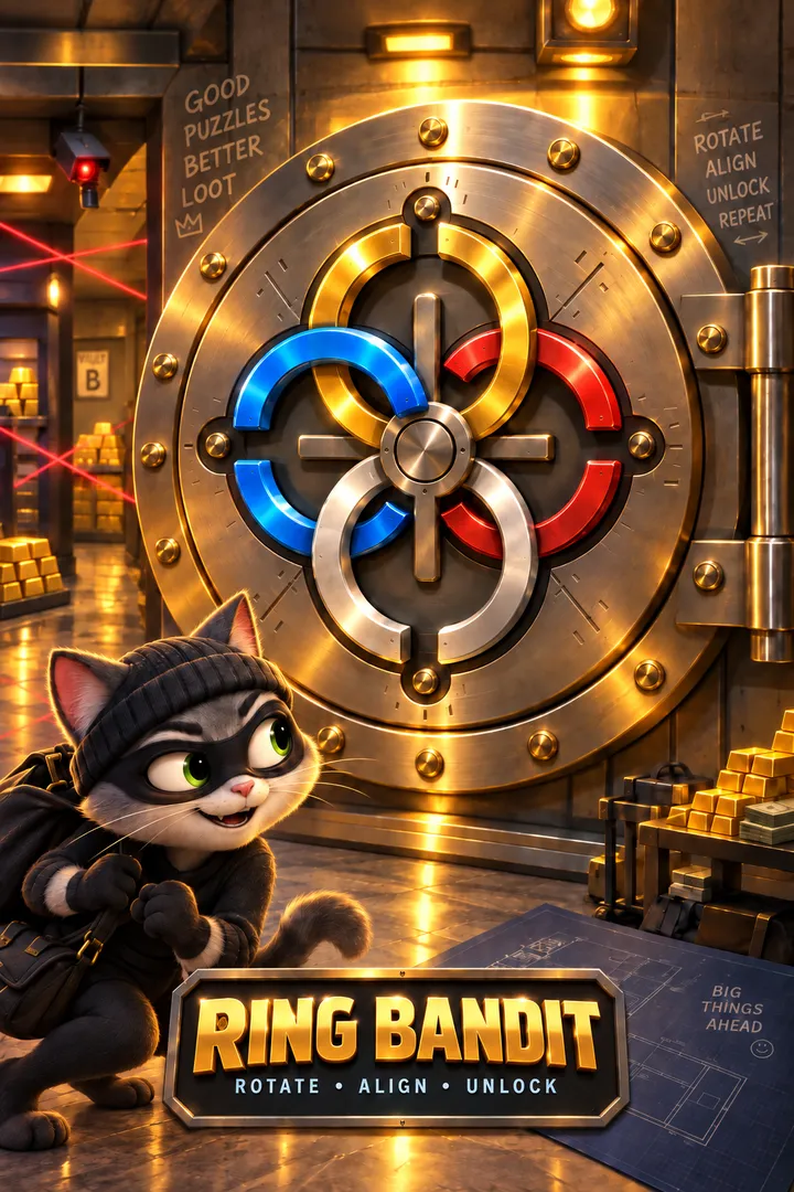 Ring Bandit artwork: a masked cat burglar in front of a vault door locked by blue, gold, red and steel rings