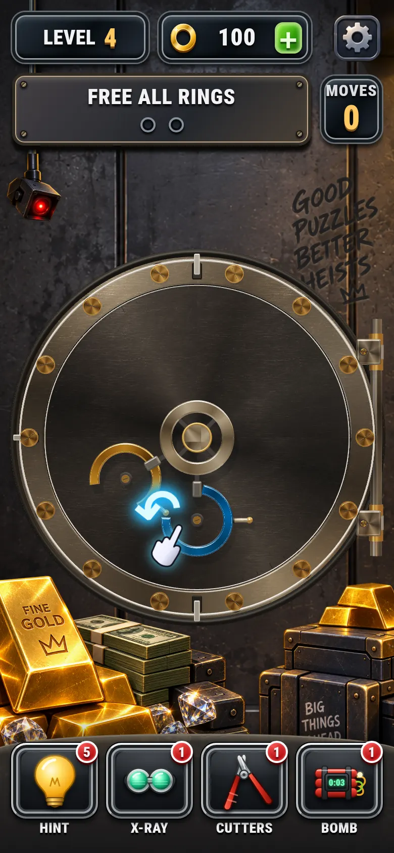 Level 4 tutorial: a hand shows how to turn the blue ring a little to make room for the gold ring